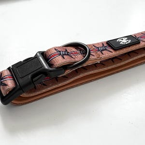 May include: A close-up of a dog collar with a barbed wire pattern in shades of brown, red, and black. The collar features a black plastic buckle and a black metal D-ring. A small black tag is attached.