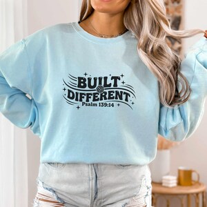 Women's Light Blue Sweatshirt 'Built Different' Psalm 139:14 Graphic Casual Top