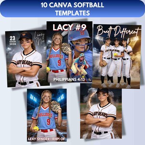 May include: A collection of 10 Canva softball templates. The templates feature softball players in action, with text overlays including team names, player names, and the phrase "Built Different". The templates are designed with a sports theme.