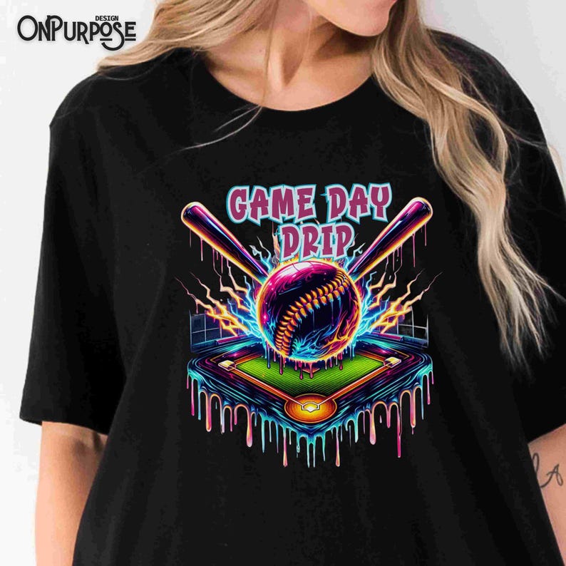 "Vibrant baseball with neon drip effects, surrounded by lightning bolts and crossed bats, with a glowing baseball field below. The words 'Game Day Drip' in bold, colorful font. Perfect for baseball fans and players."
