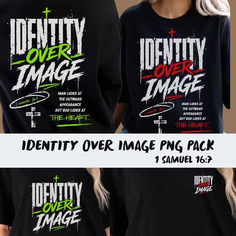 Pu&ograve; includere: Una t-shirt nera con il testo bianco IDENTITY OVER IMAGE e un simbolo a croce. Sotto, il testo recita: MAN LOOKS AT THE OUTWARD APPEARANCE BUT GOD LOOKS AT THE HEART. 1 SAMUEL 16:7. Il design &egrave; presente nelle varianti di colore verde neon e rosso.
