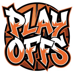 May include: A graphic design featuring the word "PLAYOFFS" in bold, stylized orange and white lettering with black outlines. The text is set against a basketball background, with the ball's texture visible.