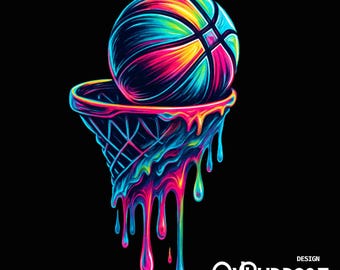 Neon Drip Basketball PNG – Melting Basketball Hoop Design