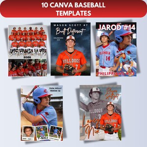May include: A graphic featuring 10 Canva baseball templates. The templates showcase baseball players in action, team photos, and player spotlights. The templates include text such as "Central Bulldogs," "Mason Scott #7," and "Jarod #14."