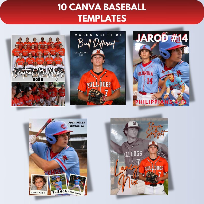 May include: A graphic featuring 10 Canva baseball templates. The templates showcase baseball players in action, team photos, and player spotlights. The templates include text such as "Central Bulldogs," "Mason Scott #7," and "Jarod #14."