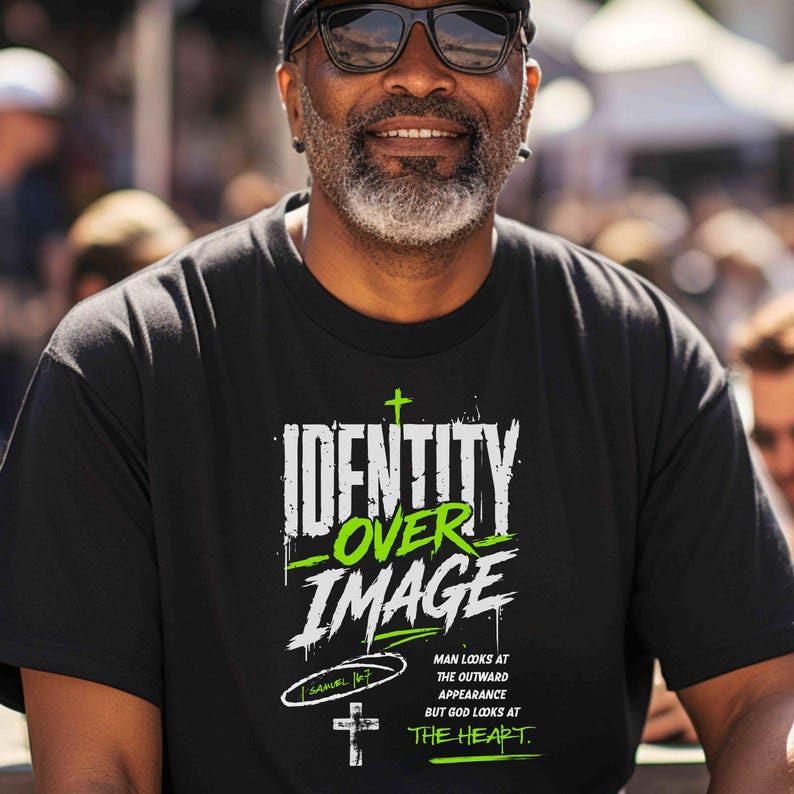 Black Christian sports shirt design reading “Identity Over Image” with neon green accents, crosses, and 1 Samuel 16:7 scripture quote about God looking at the heart. Includes matching pocket patch graphic for faith-based athlete apparel.
