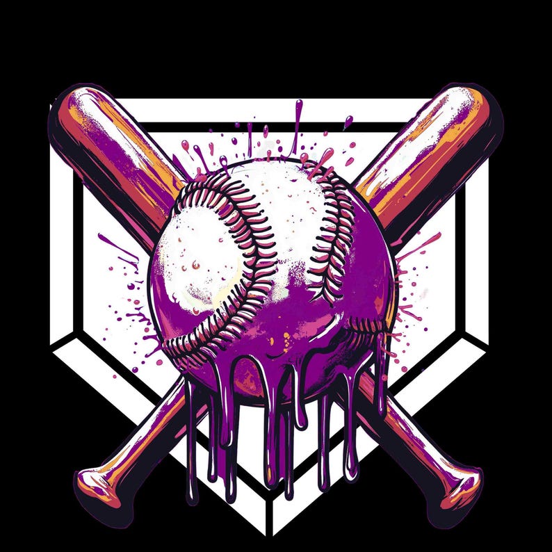 Team Color Baseball Drip Bundle featuring 6 vibrant transparent PNG designs with dripping baseballs and crossed bats over a home plate background in purple, orange, green, red, yellow, and blue — ideal for custom apparel and sports-themed crafts