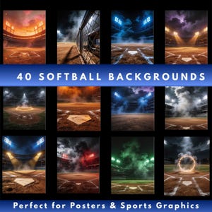 May include: A collection of 40 softball backgrounds with various dramatic lighting effects. The images feature baseball fields with stadium lights, smoke, and colorful skies. Text reads "40 SOFTBALL BACKGROUNDS" and "Perfect for Posters & Sports Graphics."