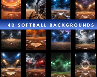 May include: A collection of 40 softball backgrounds with various dramatic lighting effects. The images feature baseball fields with stadium lights, smoke, and colorful skies. Text reads "40 SOFTBALL BACKGROUNDS" and "Perfect for Posters & Sports Graphics."