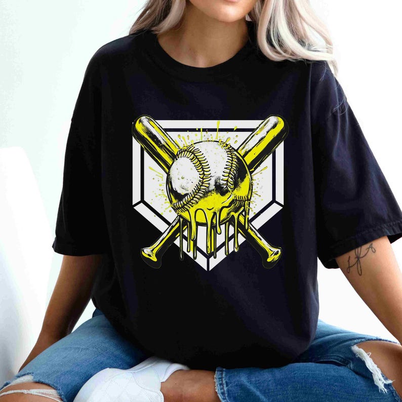 Team Color Baseball Drip Bundle featuring 6 vibrant transparent PNG designs with dripping baseballs and crossed bats over a home plate background in purple, orange, green, red, yellow, and blue — ideal for custom apparel and sports-themed crafts