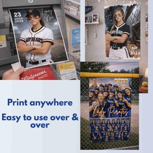 May include: A collage of softball team photos and a senior portrait. The senior portrait features a young woman in a baseball uniform. The team photos show the Lady Pirates team. The text on the image says "Print anywhere" and "Easy to use over & over".