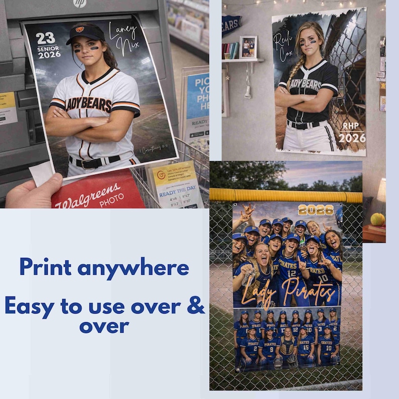 May include: A collage of softball team photos and a senior portrait. The senior portrait features a young woman in a baseball uniform. The team photos show the Lady Pirates team. The text on the image says "Print anywhere" and "Easy to use over & over".