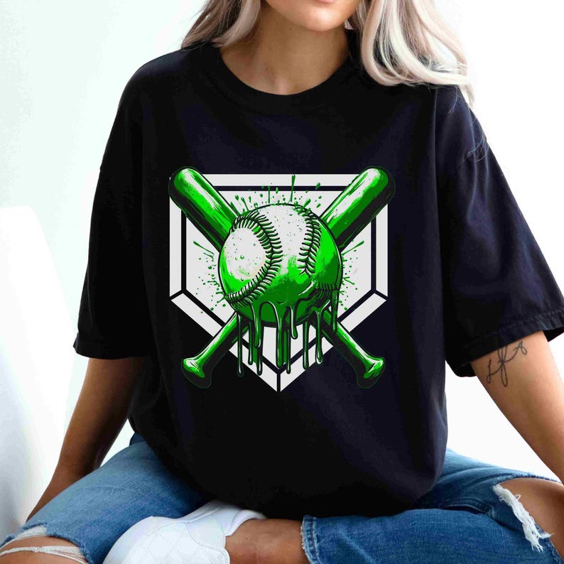 Team Color Baseball Drip Bundle featuring 6 vibrant transparent PNG designs with dripping baseballs and crossed bats over a home plate background in purple, orange, green, red, yellow, and blue — ideal for custom apparel and sports-themed crafts