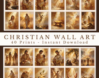May include: A collection of 20 framed Christian wall art prints. The prints depict religious scenes with figures in flowing robes, bathed in golden light. The text "CHRISTIAN WALL ART" and "40 Prints - Instant Download" is displayed.