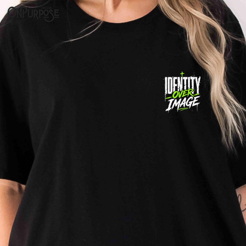 Black Christian sports shirt design reading “Identity Over Image” with neon green accents, crosses, and 1 Samuel 16:7 scripture quote about God looking at the heart. Includes matching pocket patch graphic for faith-based athlete apparel.