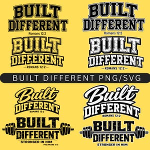 Può includere: Una collezione di design "Built Different" in nero e giallo, con testi da Romani 12:2 e Filippesi 4:13. I design includono loghi basati su testo e loghi con bilancieri, adatti per abbigliamento o grafica digitale.