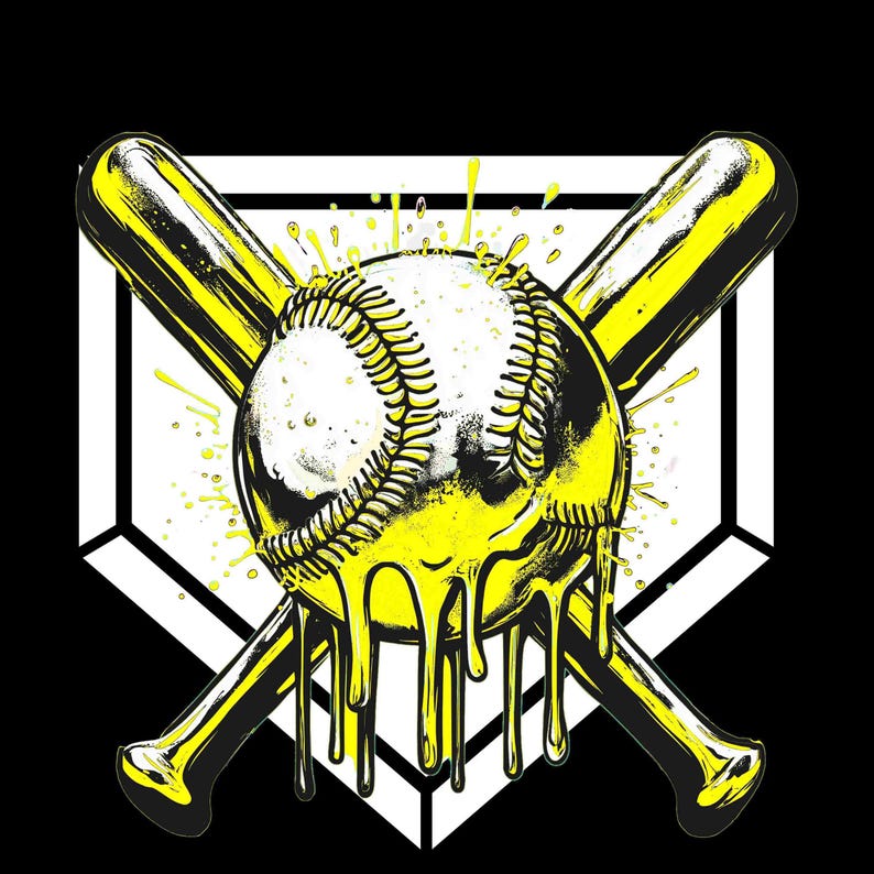 Team Color Baseball Drip Bundle featuring 6 vibrant transparent PNG designs with dripping baseballs and crossed bats over a home plate background in purple, orange, green, red, yellow, and blue — ideal for custom apparel and sports-themed crafts