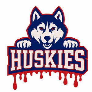 Grafika maskotki Huskies Drip – styl uniwersytecki z efektem czerwonej farby