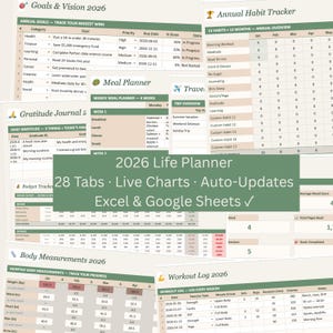 May include: A 2026 digital life planner spreadsheet featuring tabs for goals, habits, meals, travel, budget, body measurements, and workouts. The interface includes live charts and auto-updates for Excel and Google Sheets, with text labels for each tracking category.