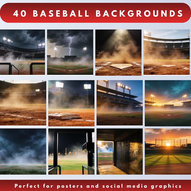 May include: A collection of 40 baseball background images. The images showcase various scenes from baseball stadiums, including close-ups of the field, dramatic lighting, and stormy weather. Text at the top reads "40 Baseball Backgrounds". Text at the bottom reads "Perfect for posters and social media graphics".