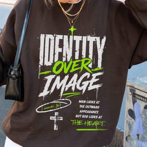 Black Christian sports shirt design reading “Identity Over Image” with neon green accents, crosses, and 1 Samuel 16:7 scripture quote about God looking at the heart. Includes matching pocket patch graphic for faith-based athlete apparel.