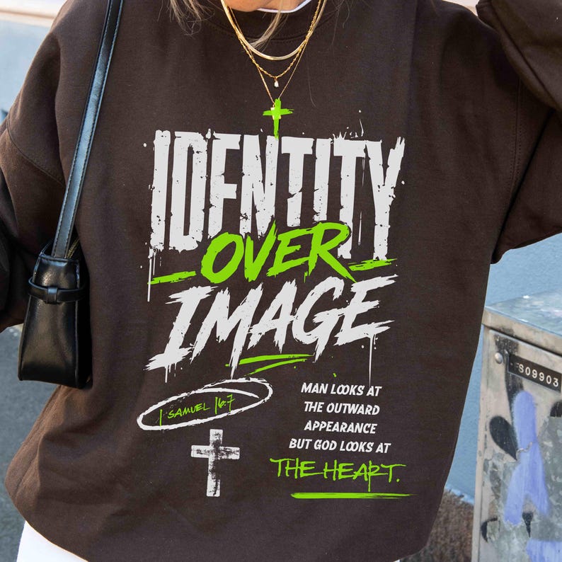 Black Christian sports shirt design reading “Identity Over Image” with neon green accents, crosses, and 1 Samuel 16:7 scripture quote about God looking at the heart. Includes matching pocket patch graphic for faith-based athlete apparel.