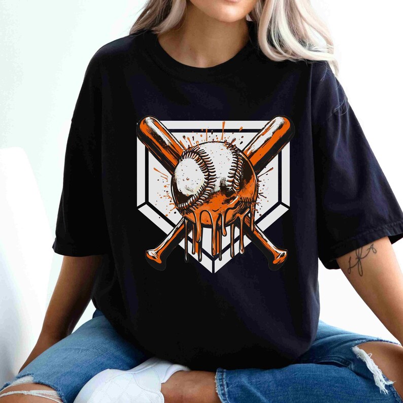 Team Color Baseball Drip Bundle featuring 6 vibrant transparent PNG designs with dripping baseballs and crossed bats over a home plate background in purple, orange, green, red, yellow, and blue — ideal for custom apparel and sports-themed crafts
