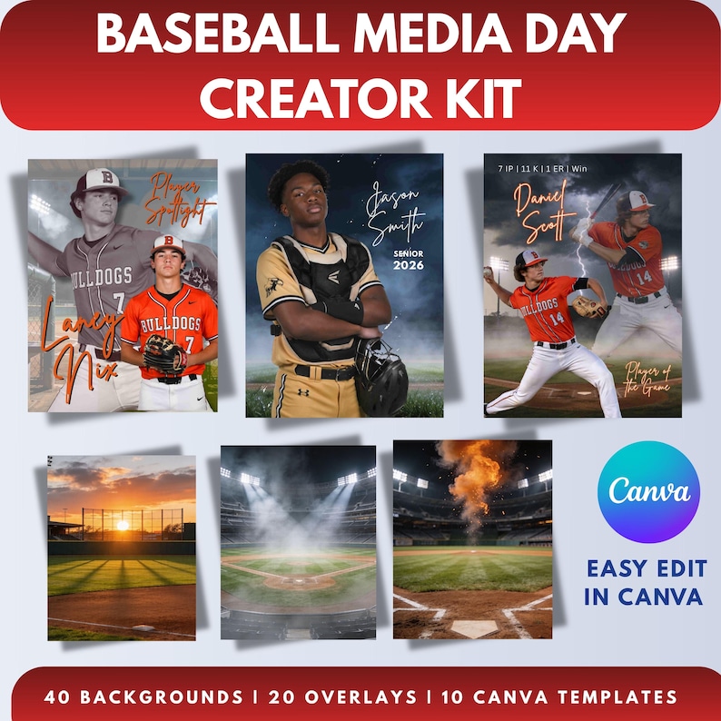 May include: A promotional graphic for a baseball media day creator kit. The design features baseball player portraits, stadium backgrounds, and the Canva logo. Text includes "BASEBALL MEDIA DAY CREATOR KIT", "40 BACKGROUNDS | 20 OVERLAYS | 10 CANVA TEMPLATES", and "EASY EDIT IN CANVA".