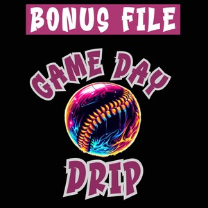 "Vibrant baseball with neon drip effects, surrounded by lightning bolts and crossed bats, with a glowing baseball field below. The words 'Game Day Drip' in bold, colorful font. Perfect for baseball fans and players."