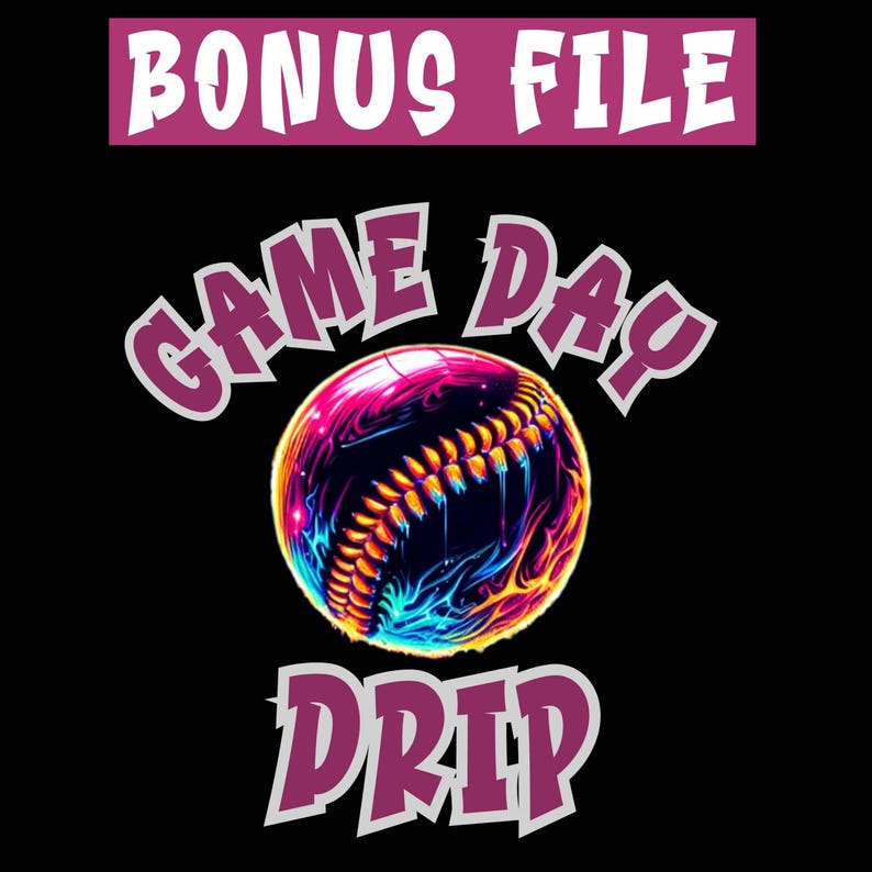 "Vibrant baseball with neon drip effects, surrounded by lightning bolts and crossed bats, with a glowing baseball field below. The words 'Game Day Drip' in bold, colorful font. Perfect for baseball fans and players."