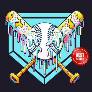 A vibrant and playful baseball-themed design featuring two crossed bats and a baseball, all dripping with colorful icing and sprinkles. The background showcases a bright blue home plate outline, enhancing the bold and energetic look. Perfect for baseball lovers, team logos, and sports-inspired apparel.