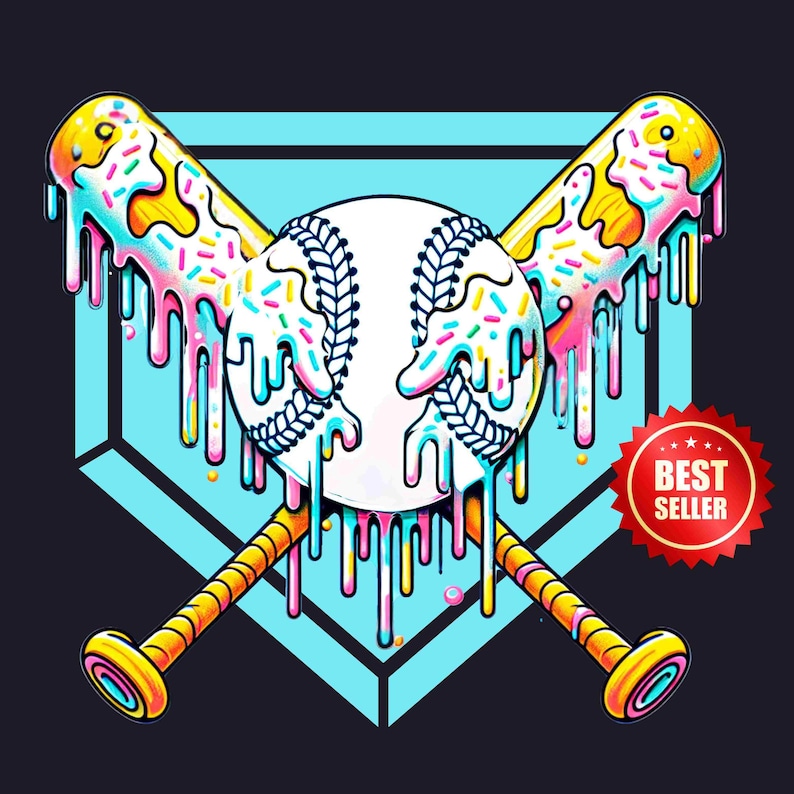 A vibrant and playful baseball-themed design featuring two crossed bats and a baseball, all dripping with colorful icing and sprinkles. The background showcases a bright blue home plate outline, enhancing the bold and energetic look. Perfect for baseball lovers, team logos, and sports-inspired apparel.