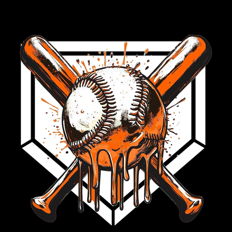 Team Color Baseball Drip Bundle featuring 6 vibrant transparent PNG designs with dripping baseballs and crossed bats over a home plate background in purple, orange, green, red, yellow, and blue — ideal for custom apparel and sports-themed crafts