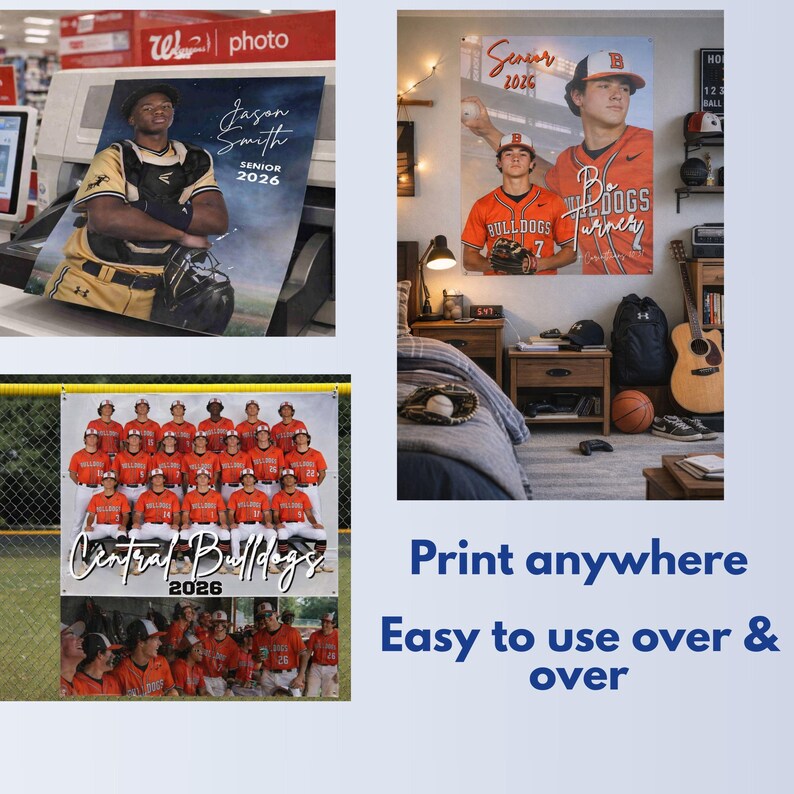 May include: Baseball-themed banners and posters featuring team photos and individual player portraits. The banners display the text "Central Bulldogs 2026" and "Bo Turner Bulldogs". The posters include the text "Jason Smith Senior 2026".