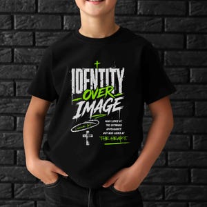 Black Christian sports shirt design reading “Identity Over Image” with neon green accents, crosses, and 1 Samuel 16:7 scripture quote about God looking at the heart. Includes matching pocket patch graphic for faith-based athlete apparel.
