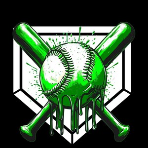 Team Color Baseball Drip Bundle featuring 6 vibrant transparent PNG designs with dripping baseballs and crossed bats over a home plate background in purple, orange, green, red, yellow, and blue — ideal for custom apparel and sports-themed crafts