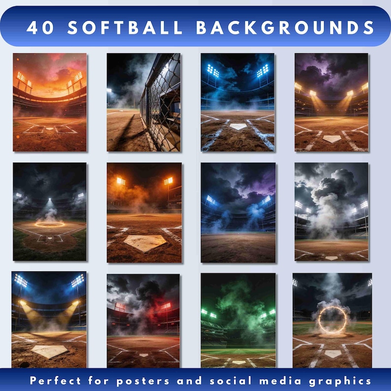 May include: A collection of 40 softball background images. Each image features a baseball field with dramatic lighting, including stadium lights and atmospheric effects. The backgrounds are perfect for posters and social media graphics.
