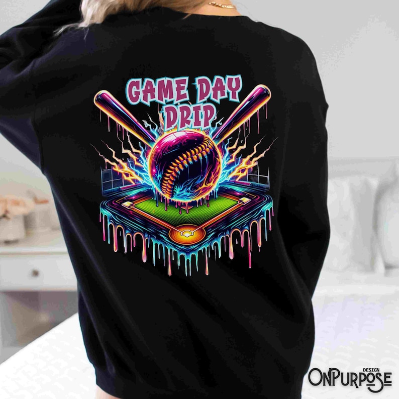 "Vibrant baseball with neon drip effects, surrounded by lightning bolts and crossed bats, with a glowing baseball field below. The words 'Game Day Drip' in bold, colorful font. Perfect for baseball fans and players."