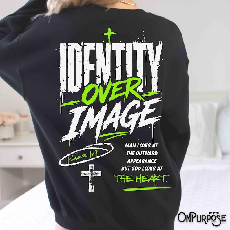 Black Christian sports shirt design reading “Identity Over Image” with neon green accents, crosses, and 1 Samuel 16:7 scripture quote about God looking at the heart. Includes matching pocket patch graphic for faith-based athlete apparel.