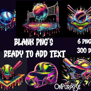 Neon Sports PNGs, Drip Style Clipart (Baseball, Softball, Volleyball)