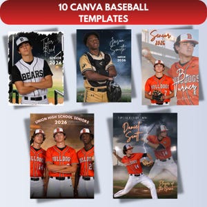 May include: A collection of 10 Canva baseball template designs. Each template features a baseball player with text including names, the word "Senior", and the year 2026. The templates have a dark background.