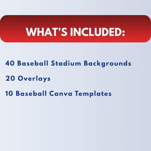 May include: Image with the text "WHAT'S INCLUDED:" above a list of digital assets. The list includes 40 Baseball Stadium Backgrounds, 20 Overlays, and 10 Baseball Canva Templates. The text is in white and blue.