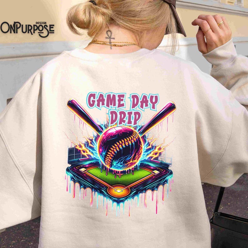 "Vibrant baseball with neon drip effects, surrounded by lightning bolts and crossed bats, with a glowing baseball field below. The words 'Game Day Drip' in bold, colorful font. Perfect for baseball fans and players."