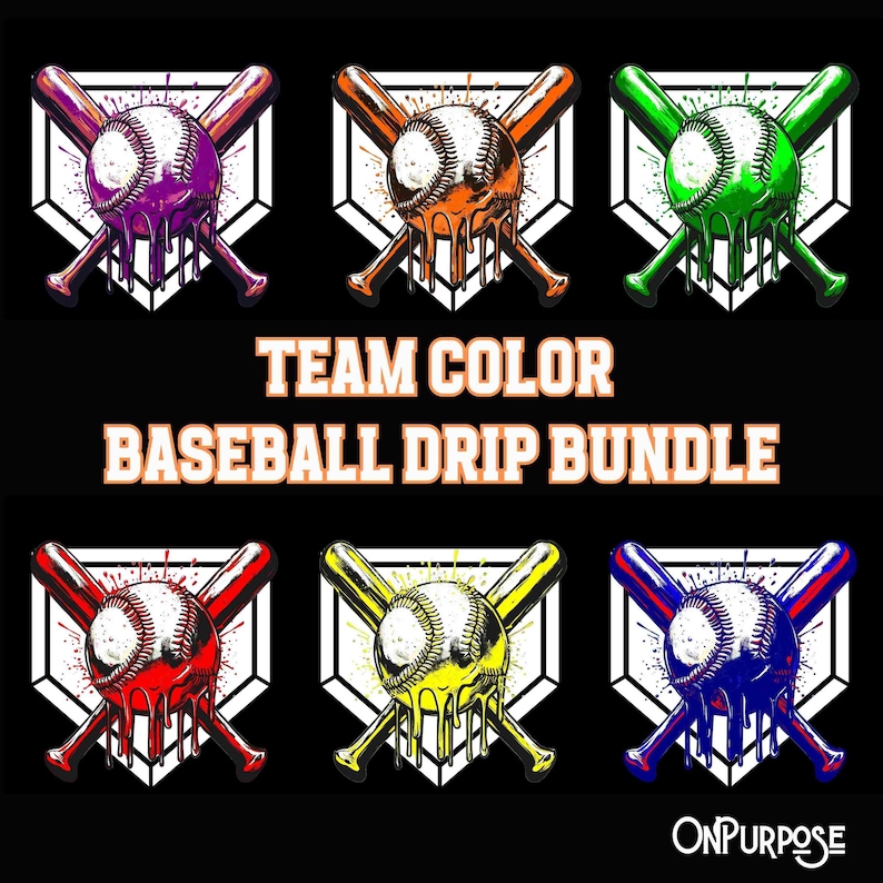 Team Color Baseball Drip Bundle featuring 6 vibrant transparent PNG designs with dripping baseballs and crossed bats over a home plate background in purple, orange, green, red, yellow, and blue — ideal for custom apparel and sports-themed crafts