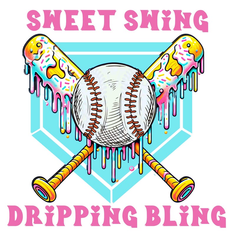 A vibrant and playful baseball-themed design featuring two crossed bats and a baseball, all dripping with colorful icing and sprinkles. The background showcases a bright blue home plate outline, enhancing the bold and energetic look. Perfect for baseball lovers, team logos, and sports-inspired apparel.