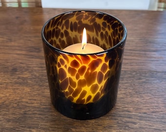 Hand Blown Tortoiseshell Glass Candle Holder: Votiveand 3 Inch Pillar Candles, 4 3/4 Inch Height