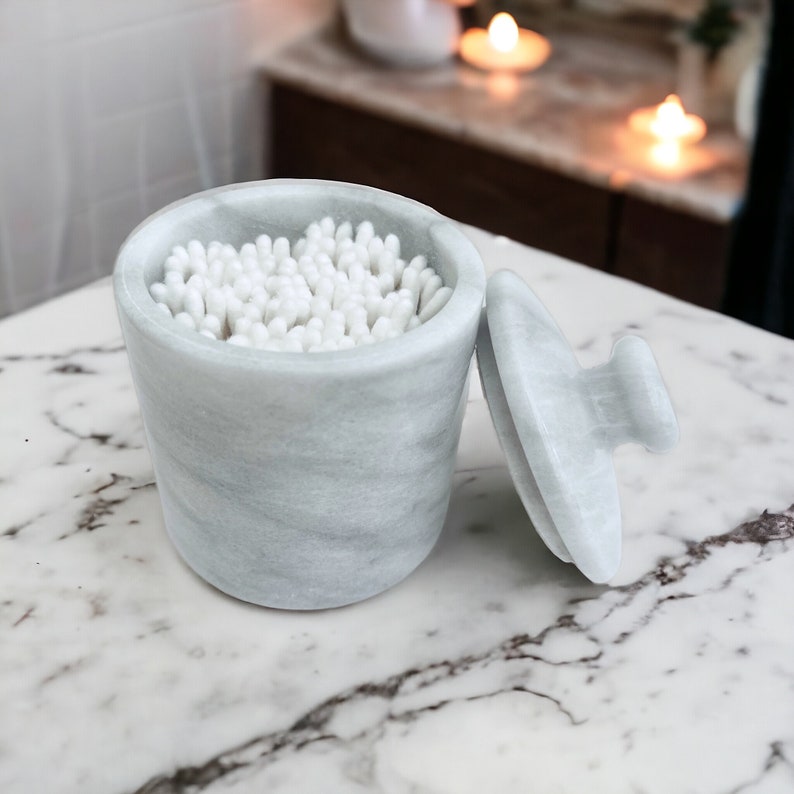 White Natural Marble Small Lidded Canister Vanity Storage Jar Q-Tip, Cotton Ball, Makeup Pad, Bath Salt Storage image 5