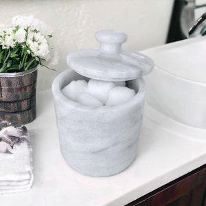 White Natural Marble Small Lidded Canister Vanity Storage Jar Q-Tip, Cotton Ball, Makeup Pad, Bath Salt Storage image 4