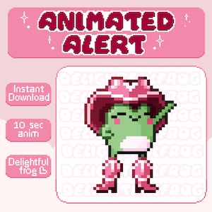 May include: Animated GIF of a green frog wearing a pink cowboy hat and boots. The frog is dancing and the background is pink with the text "DELIGHFROG" repeated.