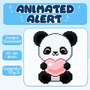 May include: A pixelated panda bear with black ears and eyes holding a pink heart. The panda is sitting on a white background with a blue border. The text "Animated Alert" is at the top of the image.